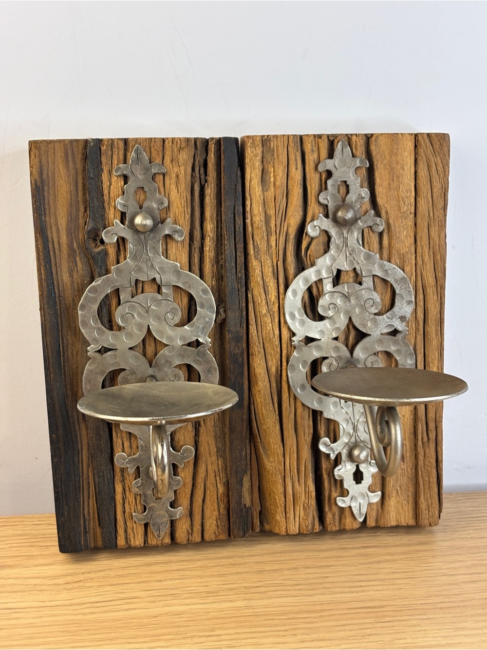 VTG Rustic Wood Wall‎ Sconces w/Ornate Silver-Tone Metal Holders- World Market